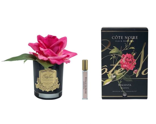 FRENCH ROSE MAGENTA Ароматизированная роза, цвет ярко-розовый  черная  ваза, 1 спрей 15 мл