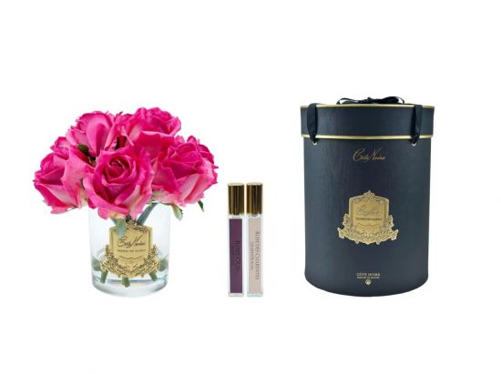 Букет из бутонов роз, цвет ярко-розовый, 2 спр,прозрачная ваза, золотой декор, ROSE BUDS magenta clear gold, Cote Noire