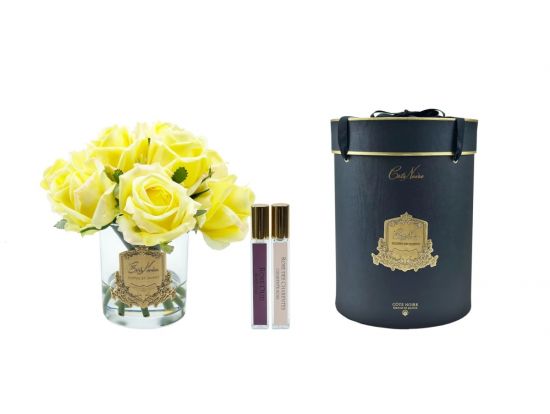 Букет из бутонов роз, цвет желтый, прозрачная ваза, золотой декор, 2 спр, ROSE BUDS yellow clear gold , Cote Noire