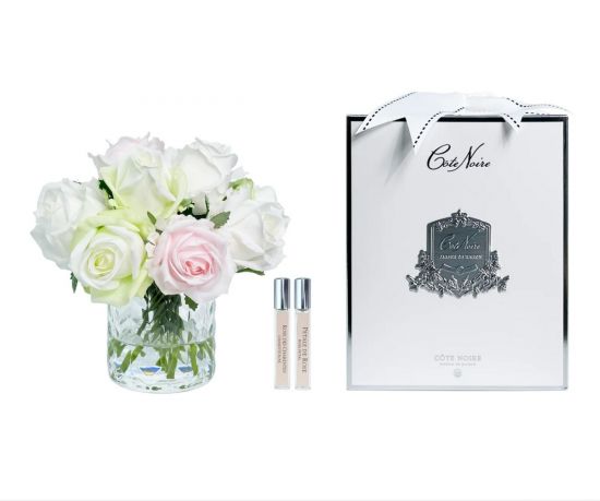 HERRINGBONE  CLEAR  Букет, розовые, белые, зеленые розы,  ваза стекло рельеф "Ёлочка", 2 спрея по 10