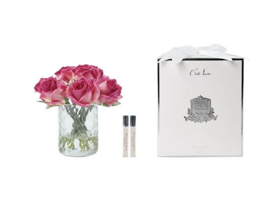 HERRINGBONE  CLEAR MAGENTA rose buds    Букет розы, цвет ярко-розовый, ваза стекло рельеф "Ёлочка", 2 с