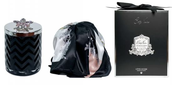 Свеча большая Black&Silver, черный с серебром, крышка с брошкой цветок, платок, 600 гр,