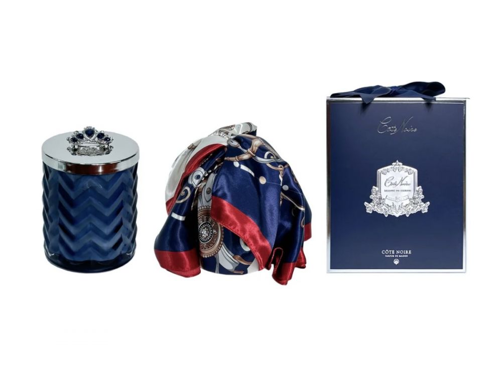 Свеча большая Navy&Silver, синий с серебром, крышка с брошкой корона, платок, 600 гр,