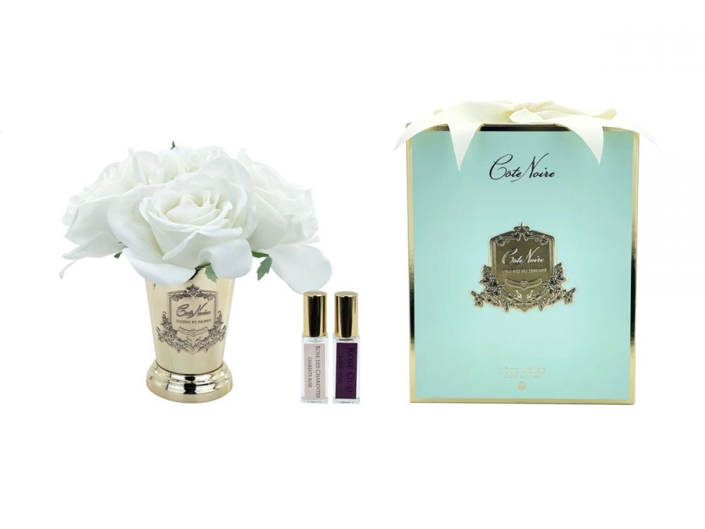 SEVEN ROSE WHITE GOLD JADE BOX  Букет роз цвет белый , ваза золото, 2 спрея по 10 мл Д  21х17х17