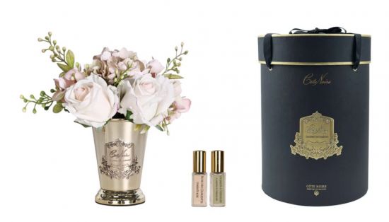 Summer Posy Blush Диффузор букет розы с гортензиями, бледно-розовый, золотая ваза, металл, спрей 10