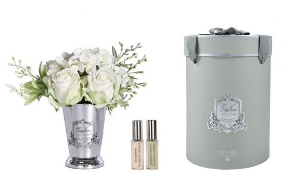 Summer Posy White Букет розы и гортензии, белый, ваза металл, серебро, 2 спрея по 10 мл