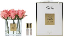 SQUARE 9 ROSE white peach Букет 9 роз, коралловый, квадратная прозрачная ваза, 2 спрея по 5 мл
