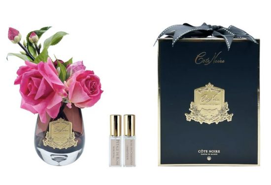 TEA ROSE MAGENTA Букет роза с гортензией, цвет ярко-розовый, черная ваза, золотой декор, 2 спрея 5